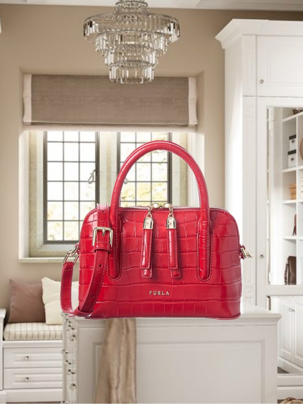 Rare Furla Atmosfera Croc-Embossed Leather Mini Dome Bag NWOT